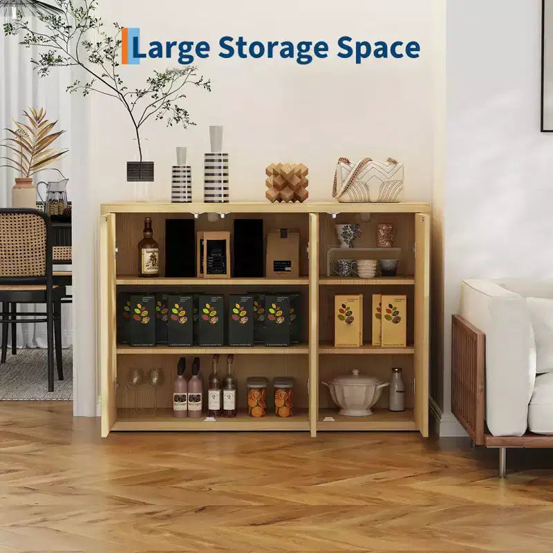 46.7 Buffet Chêne Cannellé, Armoire de Rangement Moderne en Bois avec 3 Portes et Étagères Réglables, Design Moderne du Milieu du Siècle