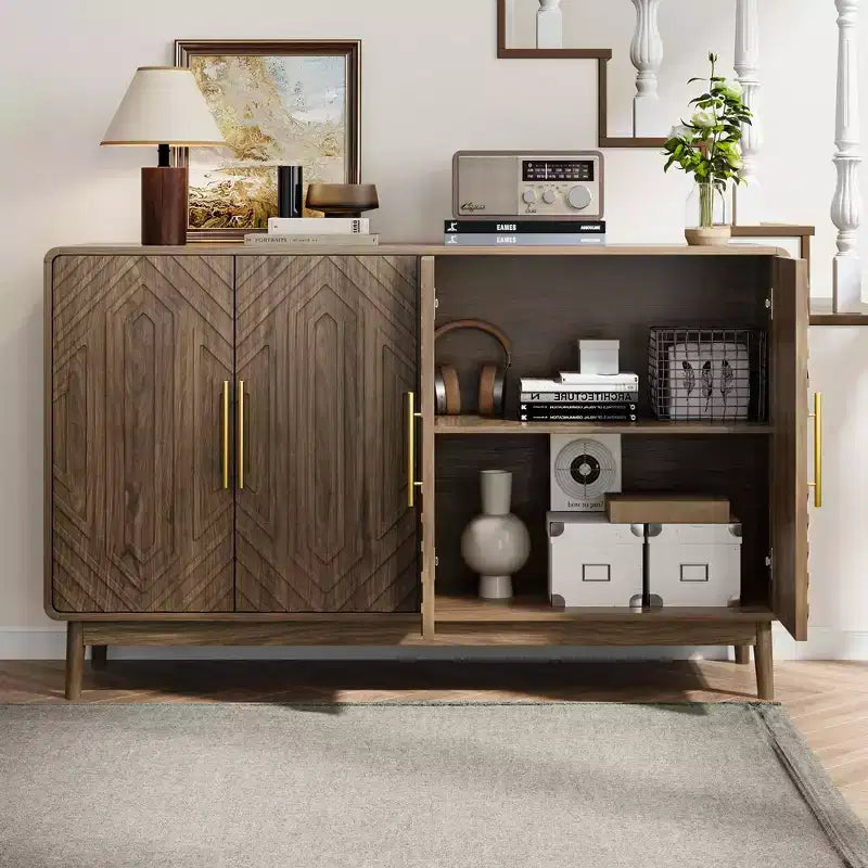 MAYEERTY Buffet Bahut avec 4 Portes Sculptées et Étagère Réglable pour Salon, Cuisine, Salle à Manger Noyer