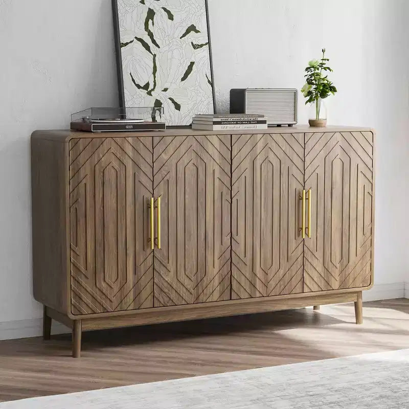 MAYEERTY Buffet Bahut avec 4 Portes Sculptées et Étagère Réglable pour Salon, Cuisine, Salle à Manger Noyer