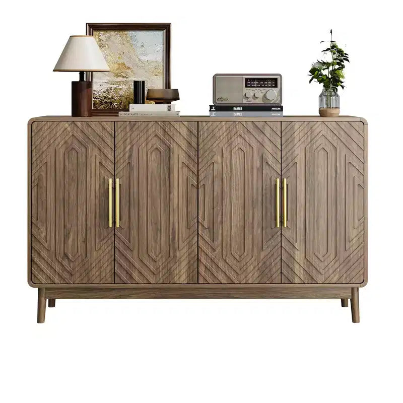 MAYEERTY Buffet Bahut avec 4 Portes Sculptées et Étagère Réglable pour Salon, Cuisine, Salle à Manger Noyer