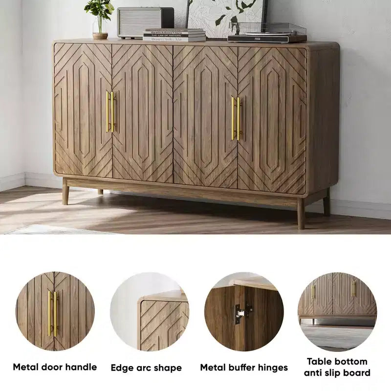 MAYEERTY Buffet Bahut avec 4 Portes Sculptées et Étagère Réglable pour Salon, Cuisine, Salle à Manger Noyer
