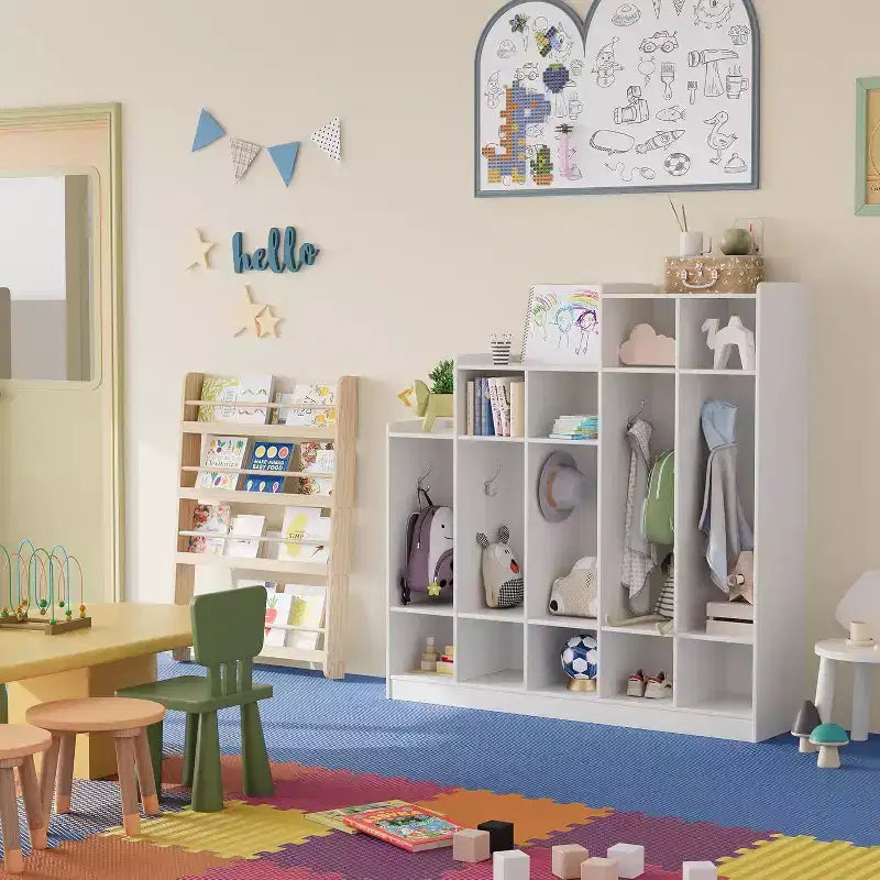 Vestiaire de classe à 5 sections avec 9 casiers, Organisateur de rangement pour garderie avec 10 crochets pour la maison, l'école, la crèche, la maternelle
