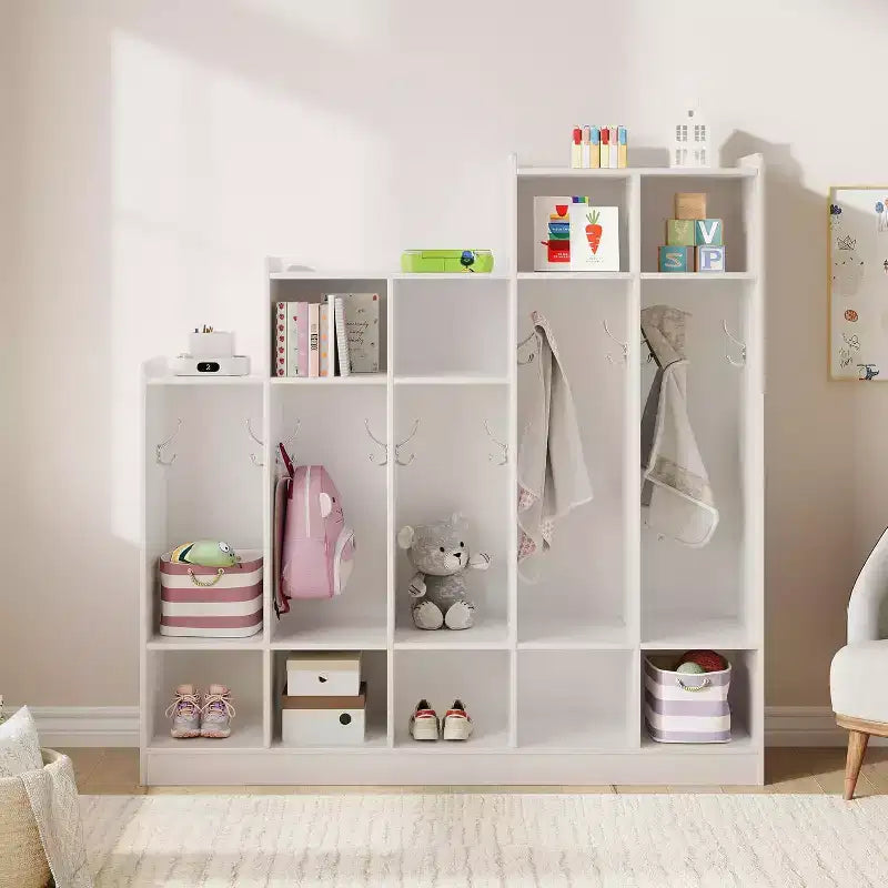 Vestiaire de classe à 5 sections avec 9 casiers, Organisateur de rangement pour garderie avec 10 crochets pour la maison, l'école, la crèche, la maternelle