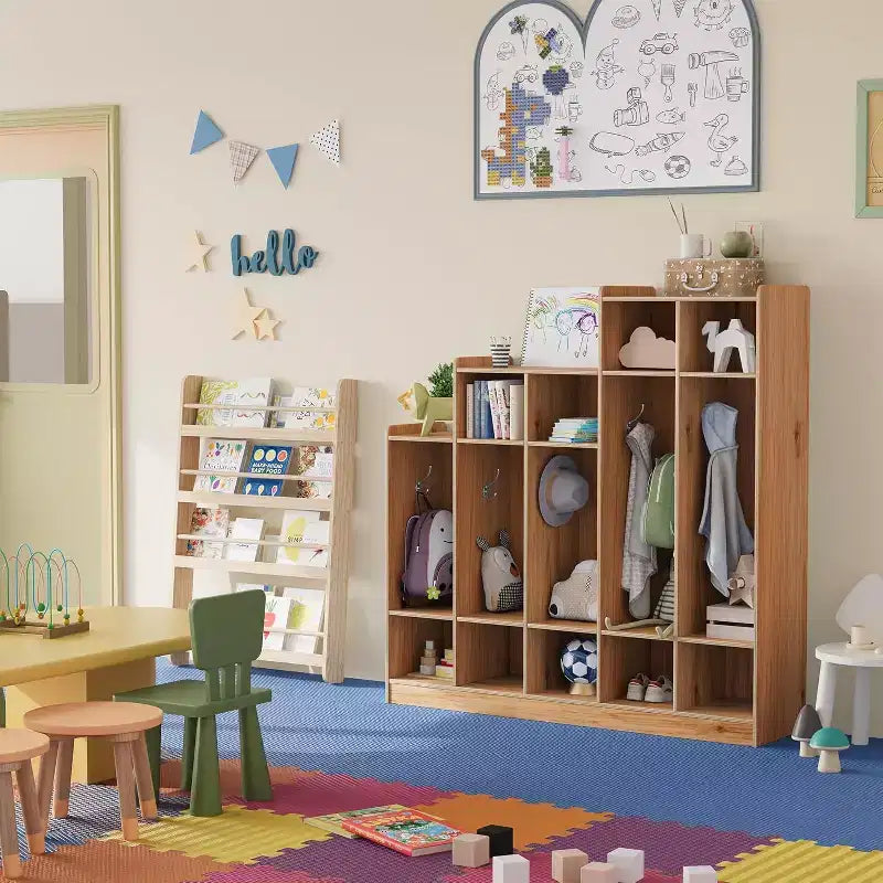 Vestiaire de classe à 5 sections avec 9 casiers, Organisateur de rangement pour garderie avec 10 crochets pour la maison, l'école, la crèche, la maternelle