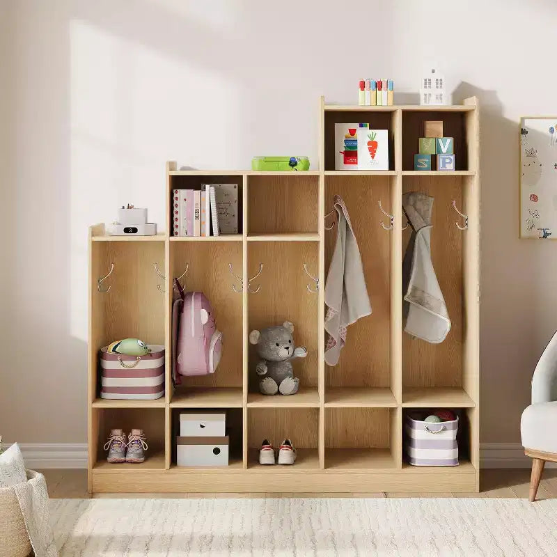 Vestiaire de classe à 5 sections avec 9 casiers, Organisateur de rangement pour garderie avec 10 crochets pour la maison, l'école, la crèche, la maternelle