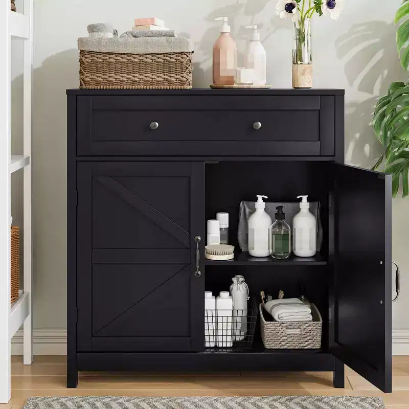 MAYEERTY Buffet de cuisine avec tiroir, étagère réglable et portes coulissantes, meuble d'appoint pour salon, noir