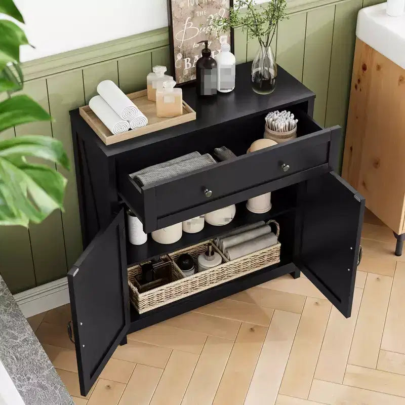 MAYEERTY Buffet de cuisine avec tiroir, étagère réglable et portes coulissantes, meuble d'appoint pour salon, noir