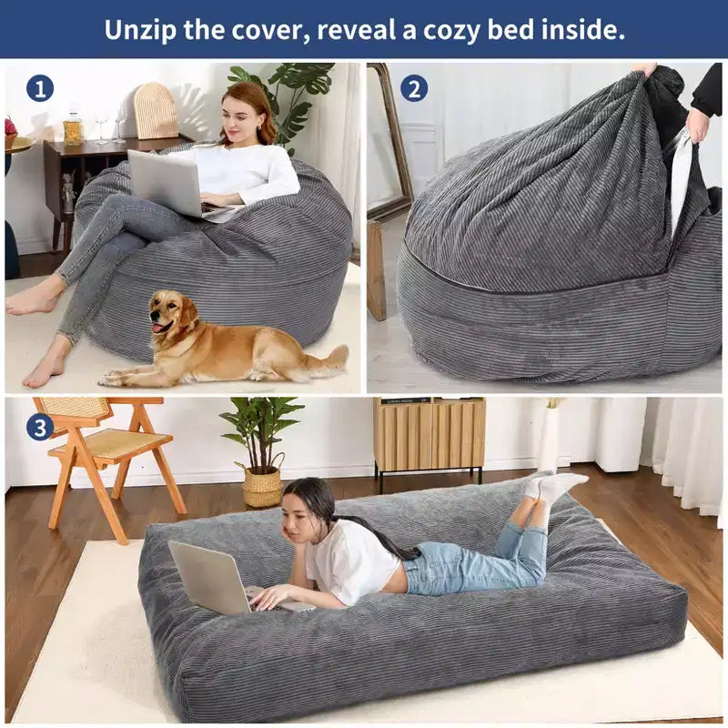 Canapé de sol convertible en matelas, grand pouf en velours côtelé avec lit, mousse souple haute densité, housse amovible lavable