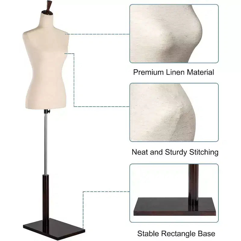VINGLI Mannequin de couture femme, Buste de mannequin avec support en bois réglable pour présentation de robes, confection de vêtements, mannequin épinglable