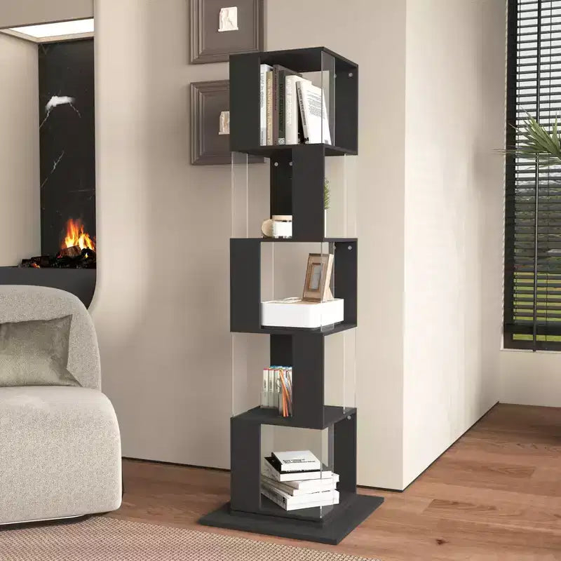 JVNOXK Étagère à Livres Moderne Rotative à 360° en Acrylique, Bibliothèque Minimaliste à 5 Niveaux sur Pied, Adaptée au Salon ou à la Chambre, Noir