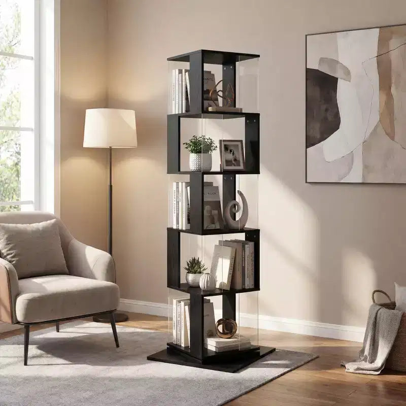 JVNOXK Étagère à Livres Moderne Rotative à 360° en Acrylique, Bibliothèque Minimaliste à 5 Niveaux sur Pied, Adaptée au Salon ou à la Chambre, Noir