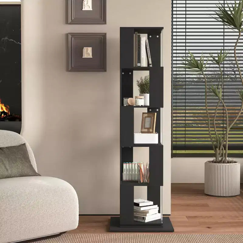 JVNOXK Étagère à Livres Moderne Rotative à 360° en Acrylique, Bibliothèque Minimaliste à 5 Niveaux sur Pied, Adaptée au Salon ou à la Chambre, Noir