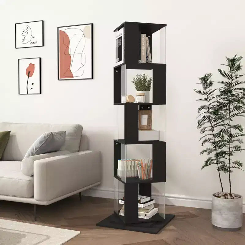 JVNOXK Étagère à Livres Moderne Rotative à 360° en Acrylique, Bibliothèque Minimaliste à 5 Niveaux sur Pied, Adaptée au Salon ou à la Chambre, Noir