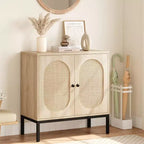 Sideboard Buffet Cabinet, 2 Pack Beige Accent Storage Cabinets with Rattan Doors, Metal Feet for Home