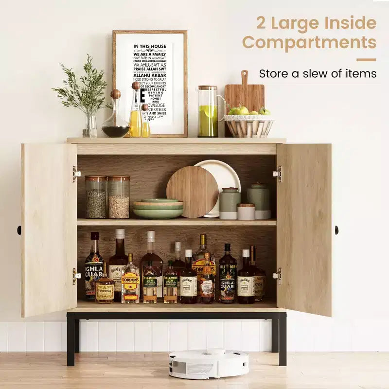 Meuble d'appoint Buffet, Lot de 2 armoires de rangement beige avec portes en rotin, Pieds en métal pour la maison