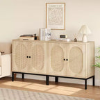 Meuble d'appoint Buffet, Lot de 2 armoires de rangement beige avec portes en rotin, Pieds en métal pour la maison