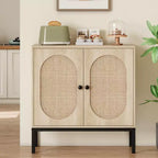 Meuble d'appoint Buffet, Lot de 2 armoires de rangement beige avec portes en rotin, Pieds en métal pour la maison