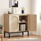Meuble d'appoint Buffet, Lot de 2 armoires de rangement beige avec portes en rotin, Pieds en métal pour la maison
