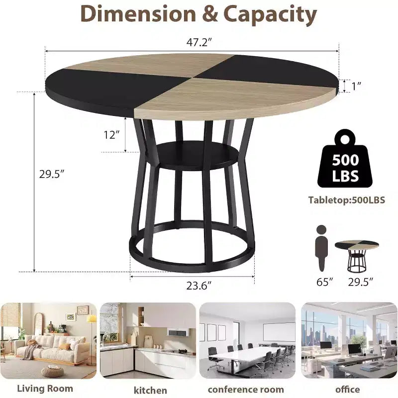 Table de salle à manger ronde de 119 cm, table de salle à manger circulaire de style rustique, pieds en métal, pour cuisine, salon, salle à manger