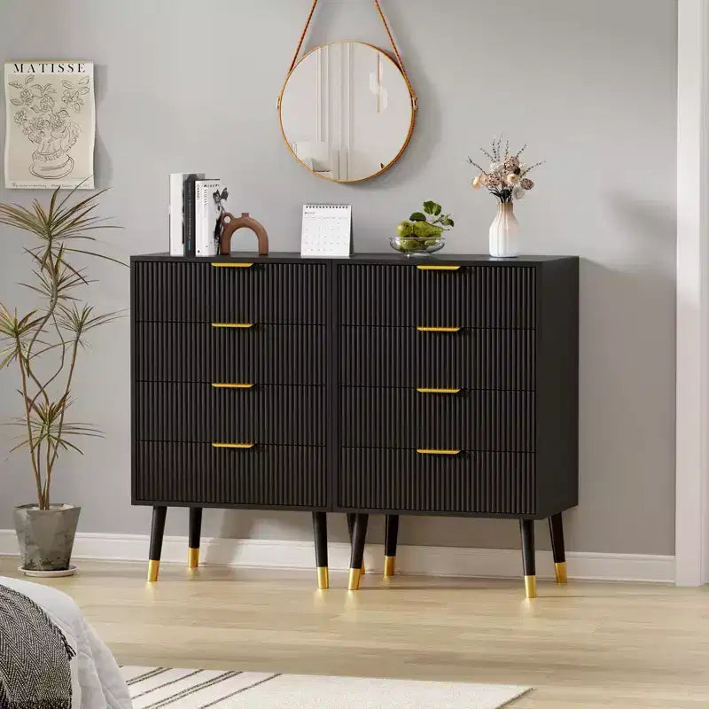 Commode de chambre, commode de rangement moderne cannelée à 4 tiroirs, petite table de chevet avec organisateur de placard