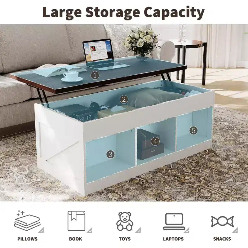 Table basse relevable de ferme, design moderne, construction durable, surface spacieuse, pour salon ou bureau