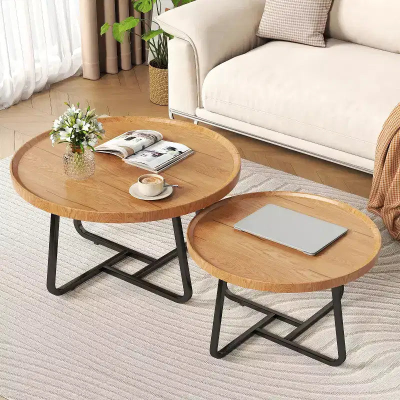 Lot de 2 tables basses, petites tables basses rondes durables de style Mid-Century pour le salon, ensemble de tables basses gigognes modernes faciles à monter, tables d'appoint circulaires