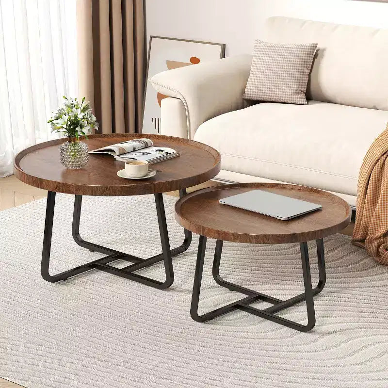 Lot de 2 tables basses, petites tables basses rondes durables de style Mid-Century pour le salon, ensemble de tables basses gigognes modernes faciles à monter, tables d'appoint circulaires