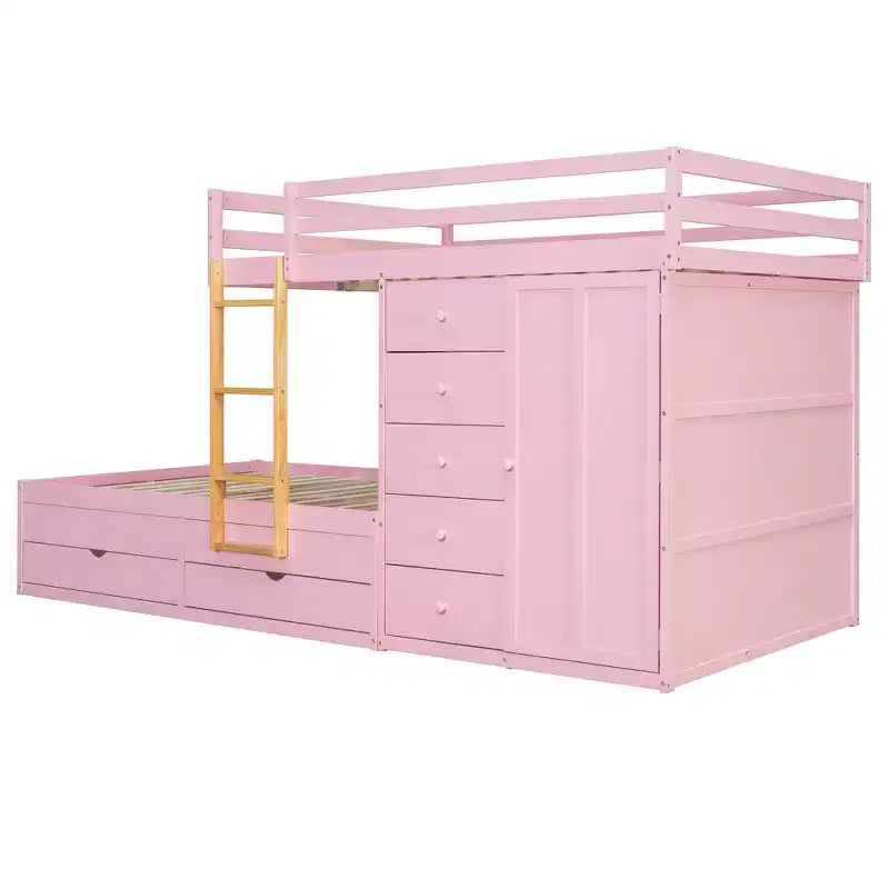Lit superposé moderne Luxystar double sur double avec placard intégré et 7 tiroirs de rangement