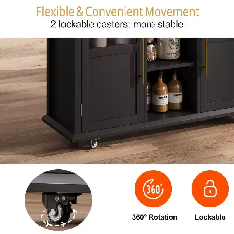 Îlot de cuisine, îlot de cuisine roulant mobile moderne avec abattant, chariot de rangement noir avec armoire et tiroir