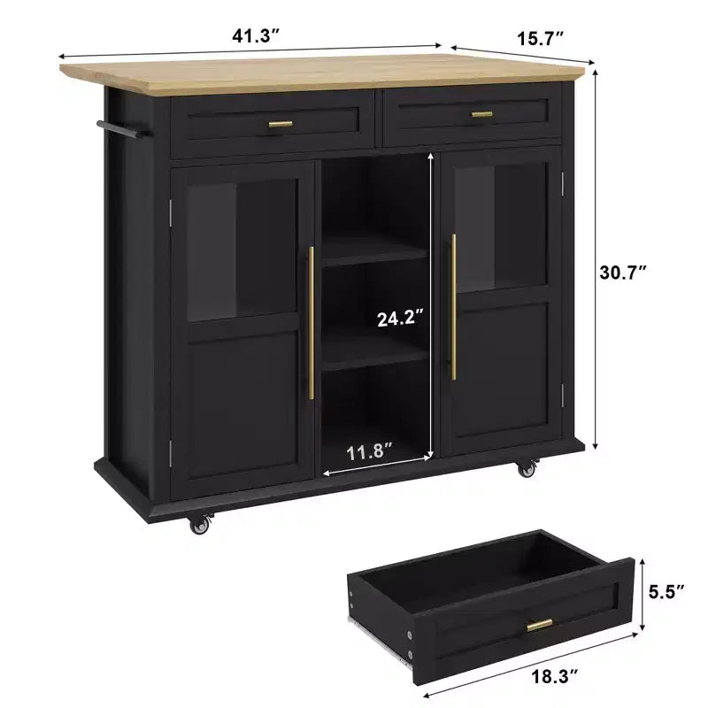 Îlot de cuisine, îlot de cuisine roulant mobile moderne avec abattant, chariot de rangement noir avec armoire et tiroir