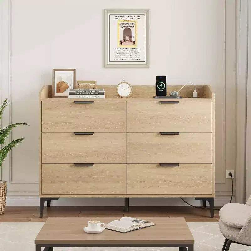 Commode moderne en bois à 6 tiroirs, grande commode de rangement - Organisateur vertical autoportant avec pieds réglables