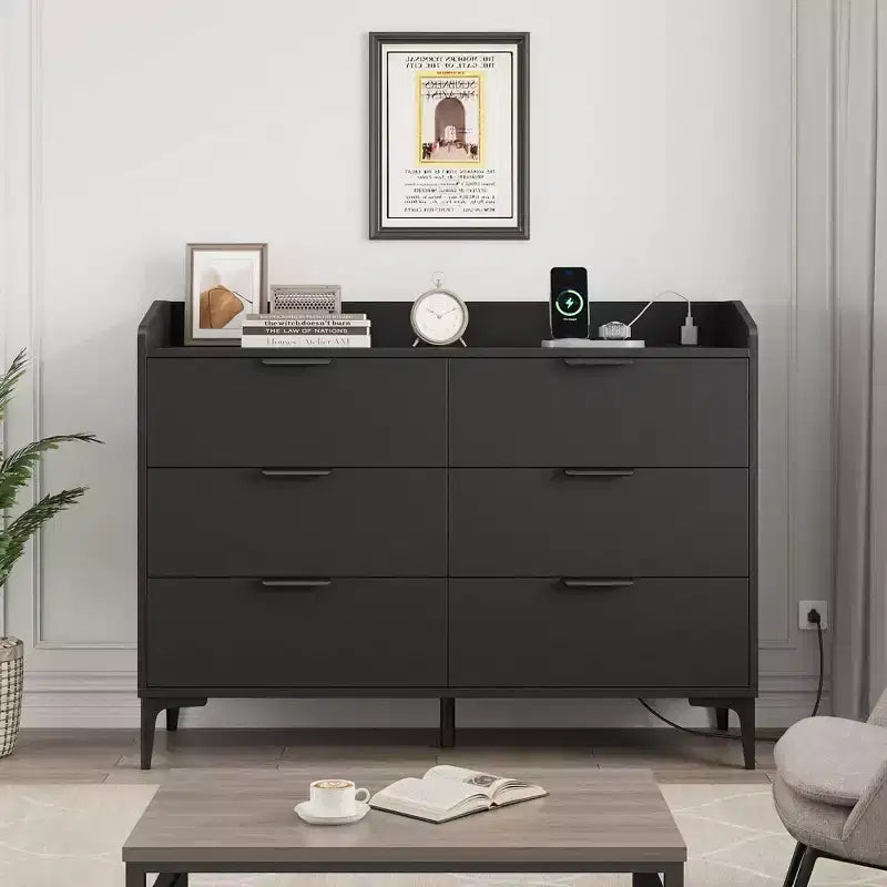 Commode moderne en bois à 6 tiroirs, grande commode de rangement - Organisateur vertical autoportant avec pieds réglables