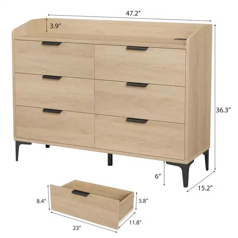 Commode moderne en bois à 6 tiroirs, grande commode de rangement - Organisateur vertical autoportant avec pieds réglables