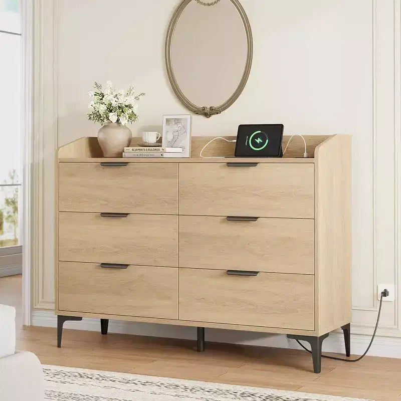 Commode moderne en bois à 6 tiroirs, grande commode de rangement - Organisateur vertical autoportant avec pieds réglables