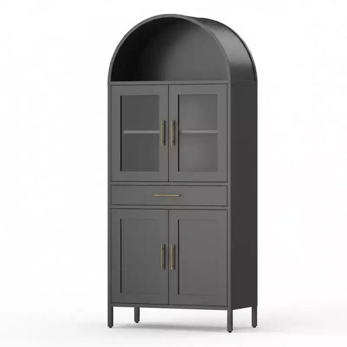 56'' Arched Cabinet with Glass Doors, Metal Kitchen Pantry with Storage Drawer & 2 Adjustable Shelves, Modern Display Bookcase for Living Room