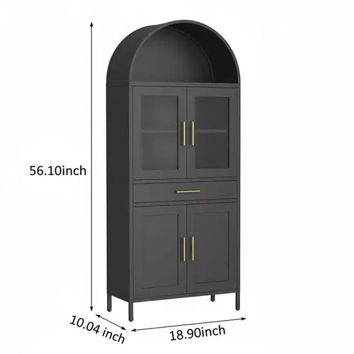 Meuble de rangement arqué de 142 cm avec portes vitrées, garde-manger de cuisine en métal avec tiroir de rangement et 2 étagères réglables, bibliothèque de présentation moderne pour salon