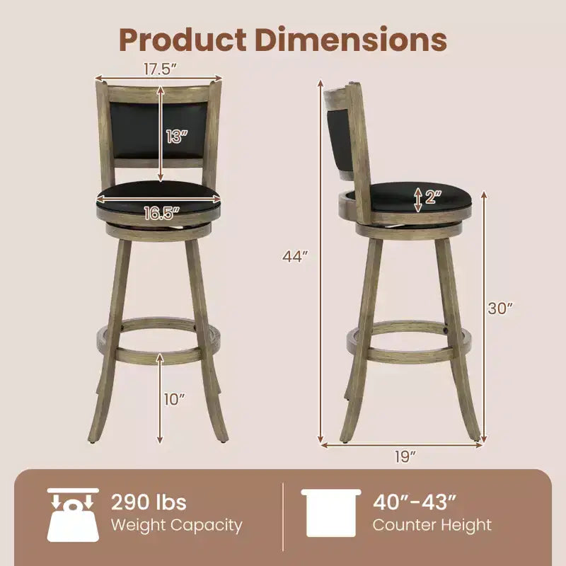 Tabourets de bar pivotants Costway avec cadre en bois d'hévéa massif, lot de 2 ou 4, pour îlot de cuisine Gris et Noir/Noir