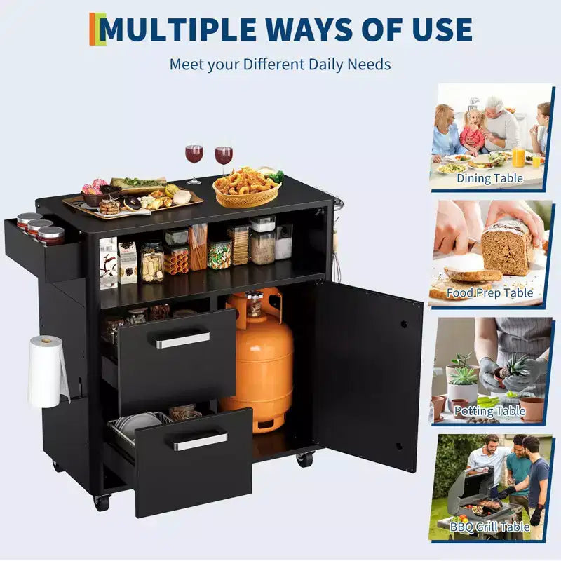 Table de cuisson, chariot de bar extérieur, chariot de barbecue avec armoire de rangement, îlot de cuisine multifonction, table de préparation des aliments avec surface en acier inoxydable