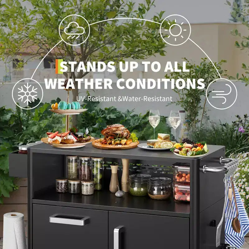 Table de cuisson, chariot de bar extérieur, chariot de barbecue avec armoire de rangement, îlot de cuisine multifonction, table de préparation des aliments avec surface en acier inoxydable