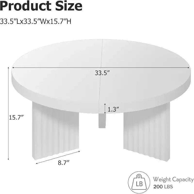 Table basse ronde de 85 cm - Plateau épais de 3,3 cm avec pieds cannelés, table d'appoint pour salon, chambre, montage facile