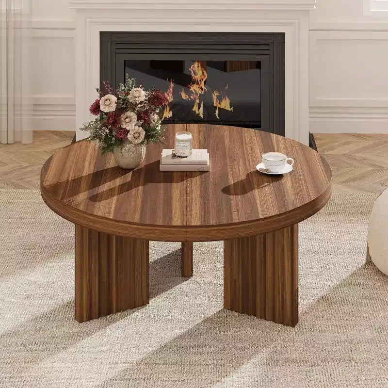 Table basse ronde de 85 cm - Plateau épais de 3,3 cm avec pieds cannelés, table d'appoint pour salon, chambre, montage facile