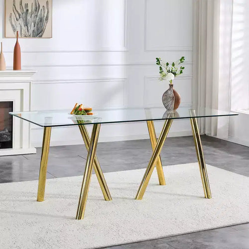 71-Inch Tempered Glass Dining Table with Sturdy Metal Legs, Impact and Heat Resistant for Family Dining