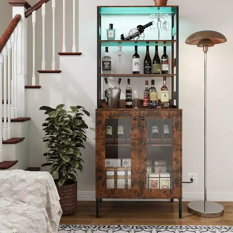 Armoire de cuisine haute de 170 cm avec lumières LED et prises de courant, étagère à vin industrielle autoportante et meuble de rangement pour salle à manger et salon