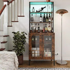 Armoire de cuisine haute de 170 cm avec lumières LED et prises de courant, étagère à vin industrielle autoportante et meuble de rangement pour salle à manger et salon