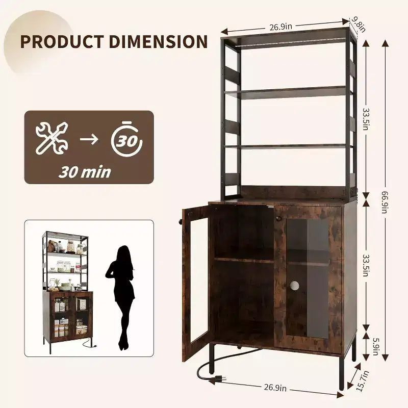 Armoire de cuisine haute de 170 cm avec lumières LED et prises de courant, étagère à vin industrielle autoportante et meuble de rangement pour salle à manger et salon