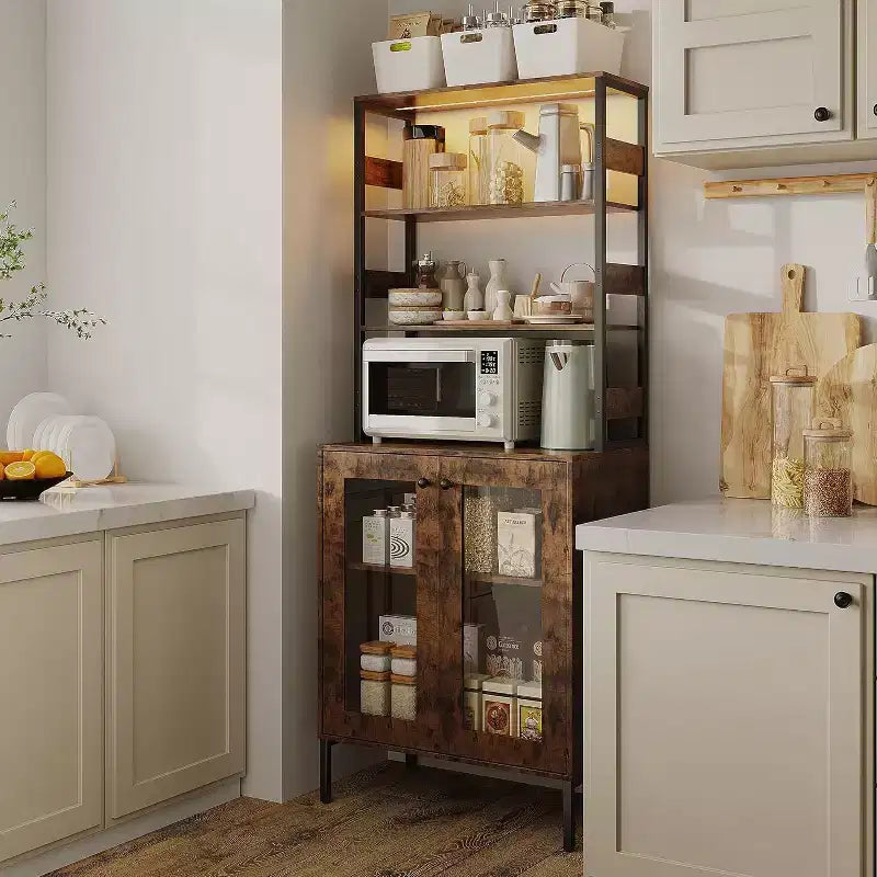 Armoire de cuisine haute de 170 cm avec lumières LED et prises de courant, étagère à vin industrielle autoportante et meuble de rangement pour salle à manger et salon