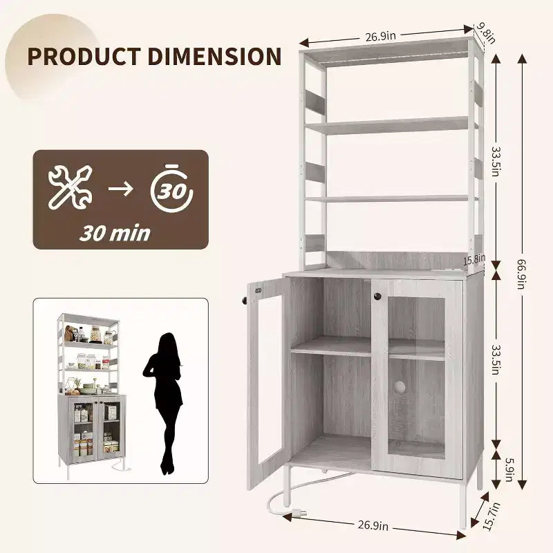 Armoire de cuisine haute de 170 cm avec lumières LED et prises de courant, étagère à vin industrielle autoportante et meuble de rangement pour salle à manger et salon