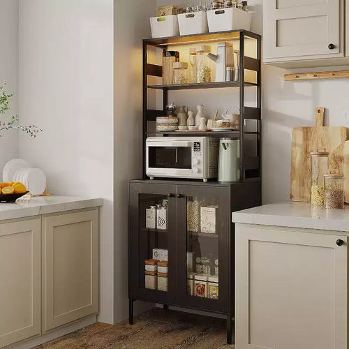 Armoire de cuisine haute de 170 cm avec lumières LED et prises de courant, étagère à vin industrielle autoportante et meuble de rangement pour salle à manger et salon