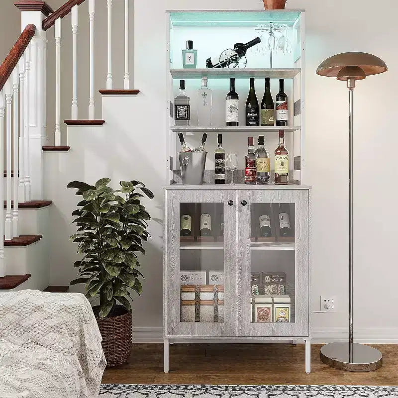 Armoire de cuisine haute de 170 cm avec lumières LED et prises de courant, étagère à vin industrielle autoportante et meuble de rangement pour salle à manger et salon