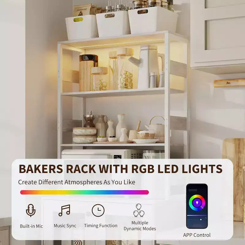 Armoire de cuisine haute de 170 cm avec lumières LED et prises de courant, étagère à vin industrielle autoportante et meuble de rangement pour salle à manger et salon